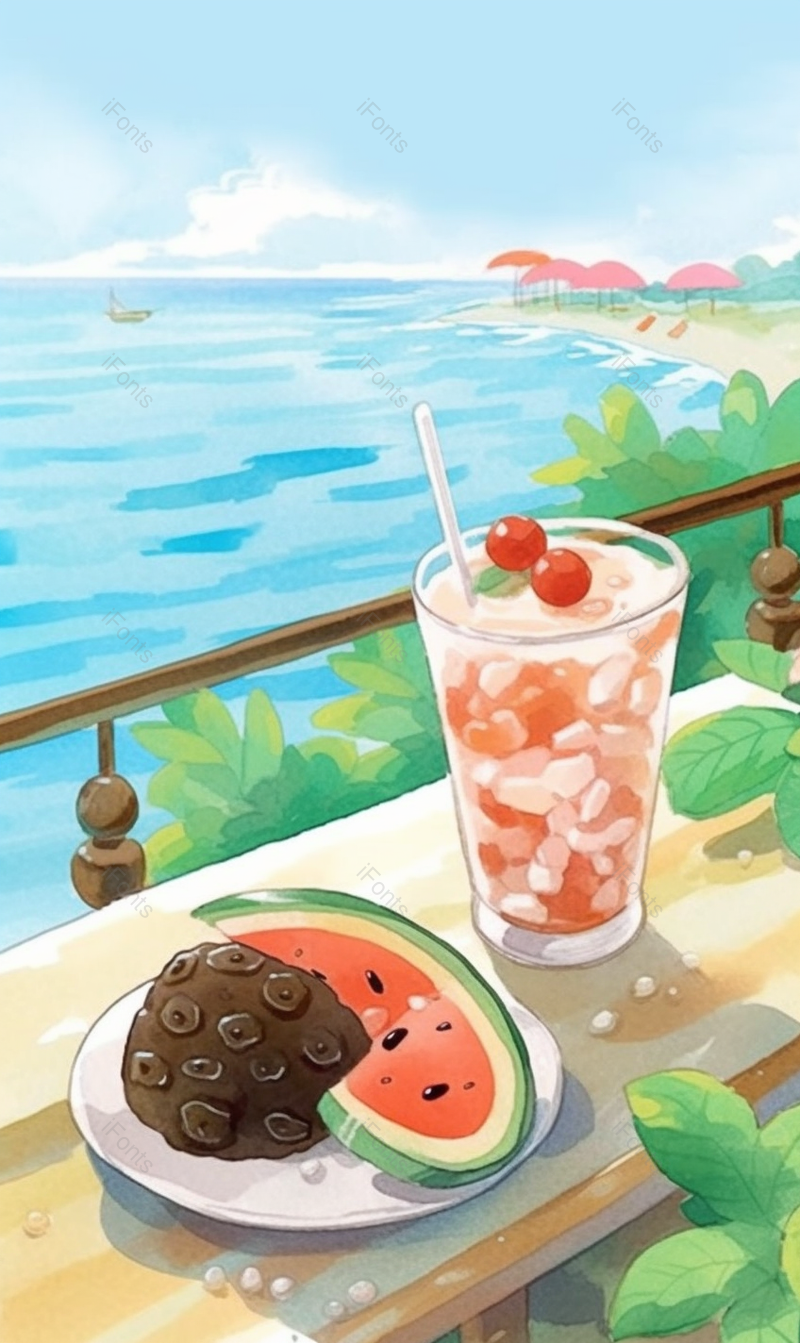 蓝色夏季海边观景饮品下午茶西瓜插画背景,插画/手绘图,插画/手绘图库,插画/手绘图下载,插画/手绘